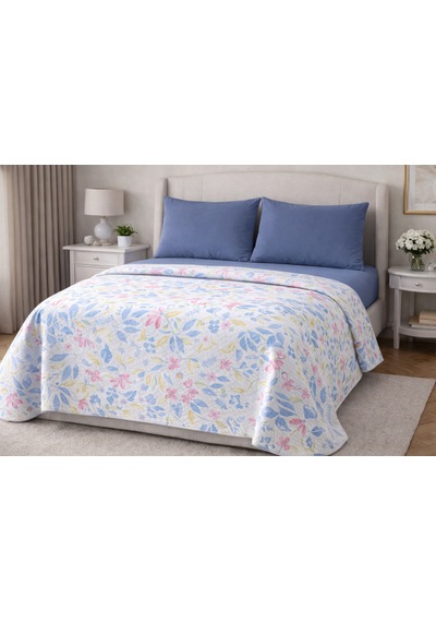 Faralya Life Baskılı Çift Kişilik Pike Takımı 200x220 Cm Pike 240x260 Çarşaf 2 Adet 50x70 Yastık Kılıfı %100 Pamuk Yumuşak Dokulu Yatak Örtüsü Seti Mavi