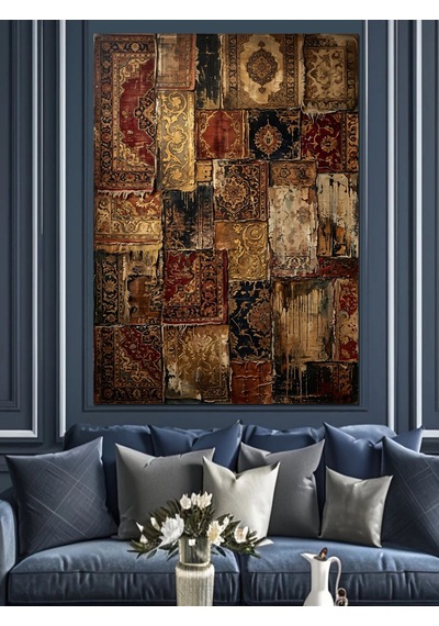 Patchwork Eskitilmiş Halı Desenleri Tablosu Dekoratif Kanvas - Mdf Ahşap Tablo Çok Renkli