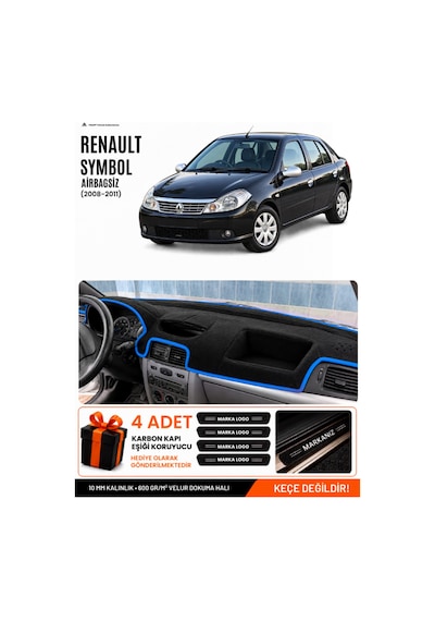 Renault Symbol Airbagsiz 2008-2011 Uyumlu Torpido Örtüsü, Torpido Kılıfı - Siyah-mavi - Re029