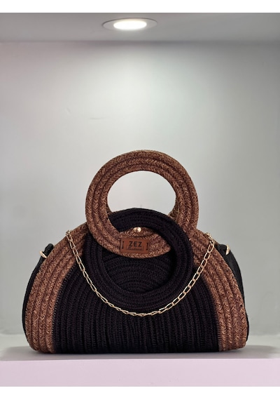 Oval Model Hasır Kordon Çanta Siyah  -  Kahverengi