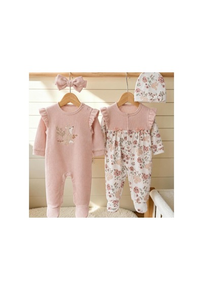 Altıntaş Baby %100 Organik Pamuklu Pudra Garden Flowers Kız Bebek 2'li Tulum Takım Seti Garden Pembe Garden Pembe