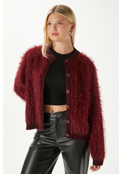 Ritnice Kadın Rush Yumuşak Sakallı Bordo Bisiklet Yaka Triko Hırka Ws-07226 Bordo