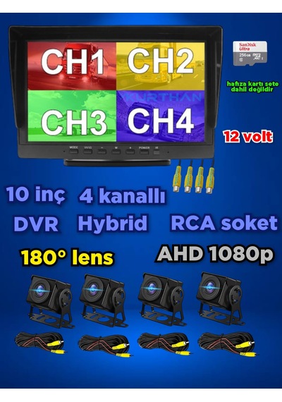 10'' Dvr Ekran 4 Adet 180 Derece Balık Gözü Geniş Açı Ahd Kamera