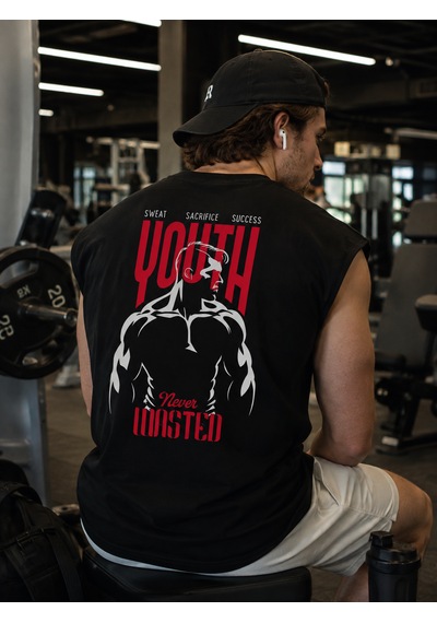 Urbantrendstore Baskılı Premium Sporcu Atleti Gym Tişört %100 Pamuklu T-shirt Açık Siyah