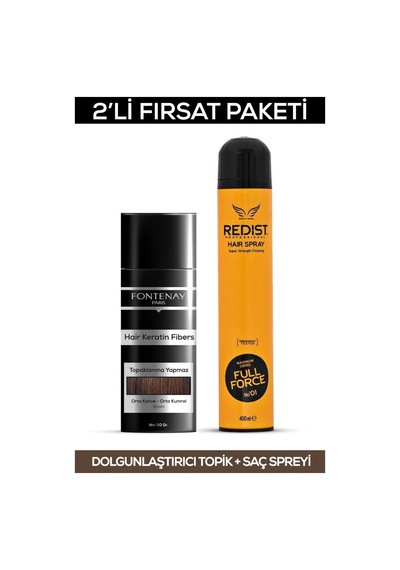 Fontenay Saç Dolgunlaştırıcı Keratin Fibers Orta Kahve Topik Saç Tozu 50gr + Saç Spreyi 2'li Set