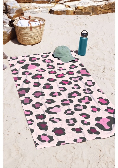 Leopar Desenli Pembe Siyah Plaj Havlusu - Modern Hayvan Figürlü Hızlı Kuruyan Mikrofiber Havlu Örtü Kumlu Bulut