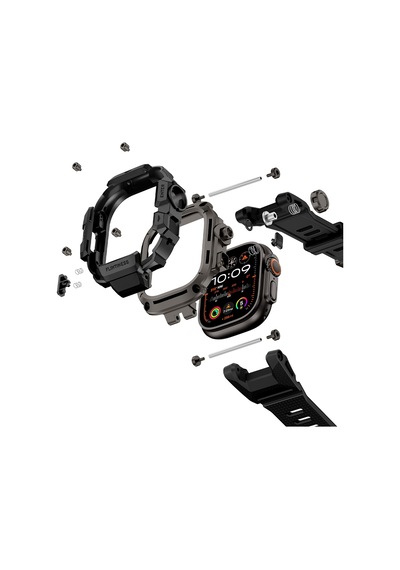 Watch Ultra 49mm Uyumlu Mohseven İwatch Punk Fortress Serisi Kasa Koruyuculu Silikon Kordon Siyah