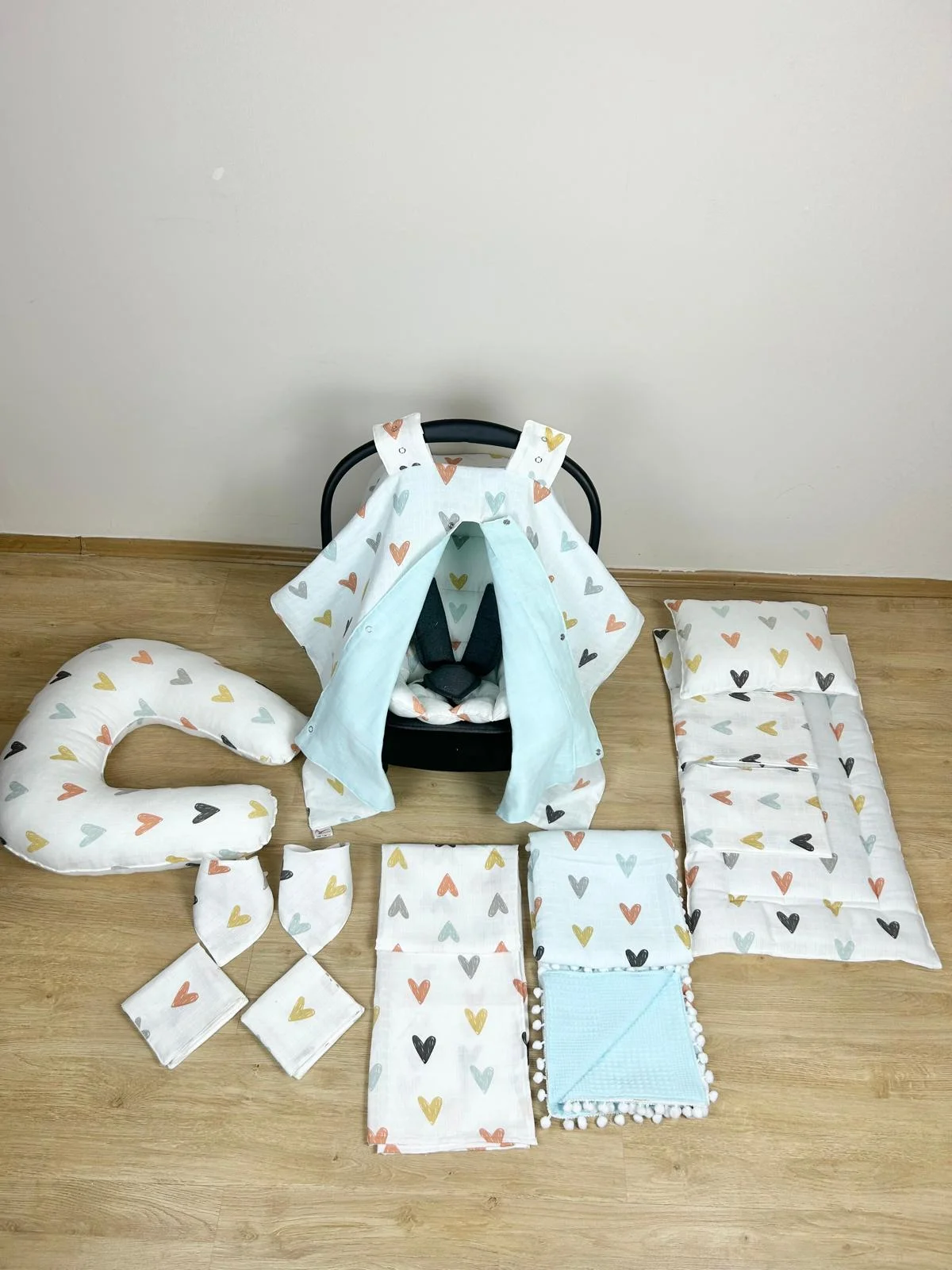 %100 Pamuk 11 Parça Çift Taraflı Muslin Set Kalp Desen