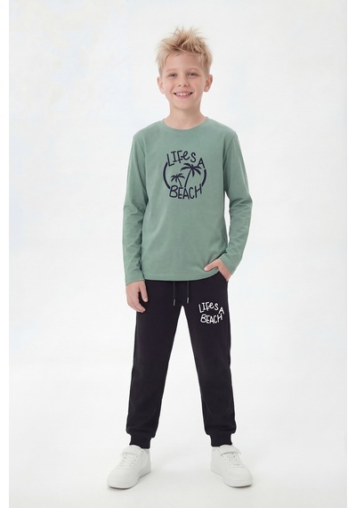 Panios Kids Yuvarlak Yaka Sweatshirt Paça Lastikli Eşofman Alt Baskılı Uzun Kollu Erkek Çocuk Alt Üst Takım Mint