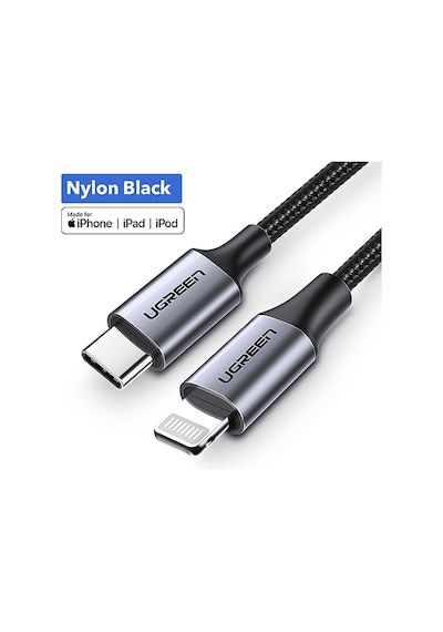Ugreen Lightning To Usb-c 3a Pd Mfi Sertifikalı Örgülü Hızlı Şarj Kablosu 1 M Siyah
