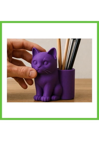 Bezos 3d Baskı Kedi Figürlü Kalemlik - Masaüstü Organizer - Mor Dmc