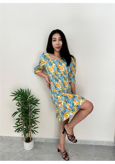 Simli Moda Çiçekli Mavi Yazlık Elbise