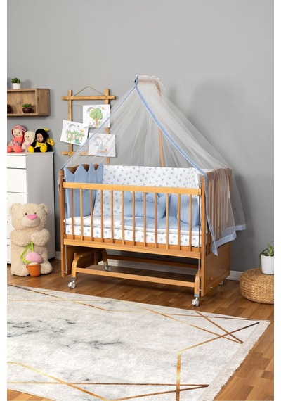 Ahşap Beşik Anne Yanı Beşik Vernikli 60x120 - Mavi Nakış Uyku Seti + Yatak + Tekerlekli Ahşap Ahşap Beşik Anne Yanı Beşik Vernikli 60x120 - Mavi Nakış Uyku Seti + Yatak + Tekerlekli Ahşap
