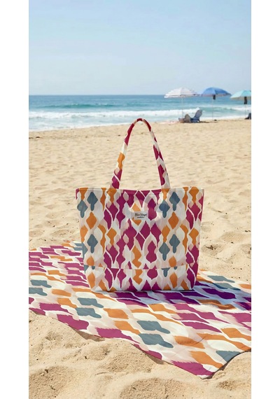 Miami Beach Batik Desenli Renkli Parçalı Kendinden Saplı Astarlı Kadın Plaj Çantası