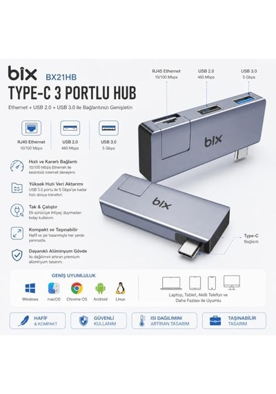 Bix Bx21hb 3in1 Type-c To Usb 3.2 Usb 2.0 Rj45 10/100 Dönüştürücü Adaptör, Apple MacBook Uyumlu, Type C Ethernet Çevirici Usb
