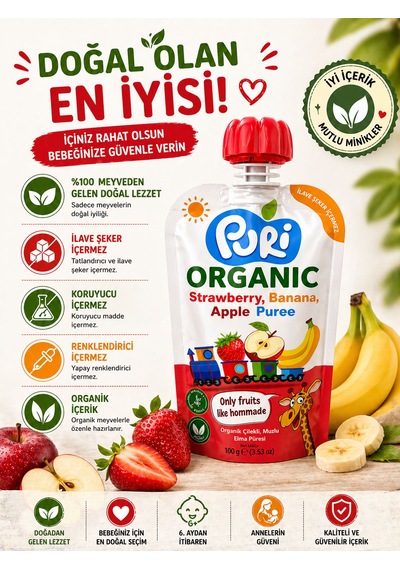 Organic %100 Organik Meyve Püresi Çilek Muz Elma 100 G İlave Şekersiz