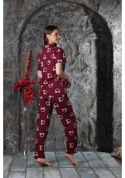 Yazlık Ayıcık Baskılı Kısa Kol Pijama Takımı Yeni Sezon Bordo