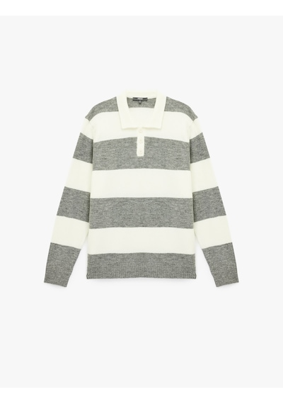 Koton Regular Fit Uzun Kollu Polo Yaka Triko Kazak Gri Çizgili 6wam70012ht Gri Çizgili