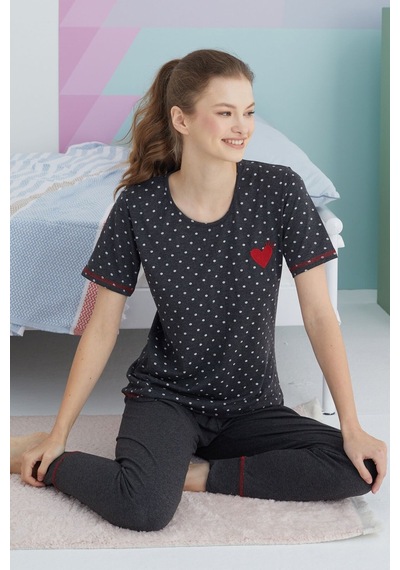 Siyah İnci Pamuklu Örme Pijama Takım 24113105 Antrasit