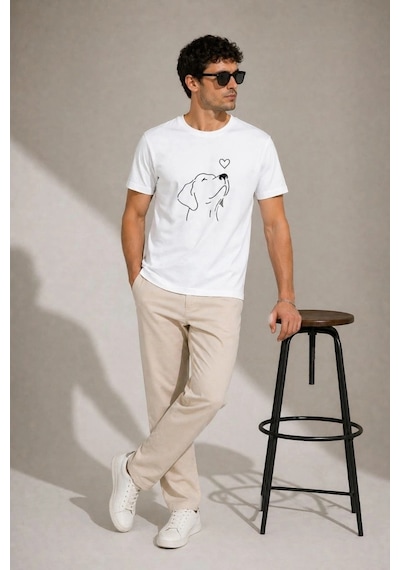 Barlashive Erkek Köpek Figürlü Minimal Baskılı Tişört Kısa Kol Yazlık T-shirt - Beyaz Çok Renkli