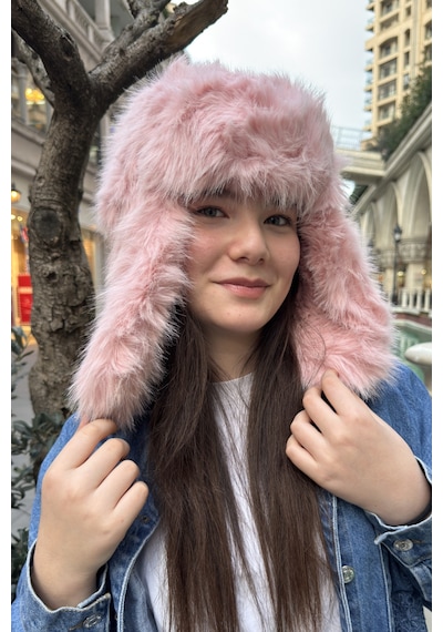 Mollycrush Pembe Pelüş Kürklü Genç Pilot Şapkası Yumuşak Tüylü Kulaklı Trend Kışlık Ushanka Pembe
