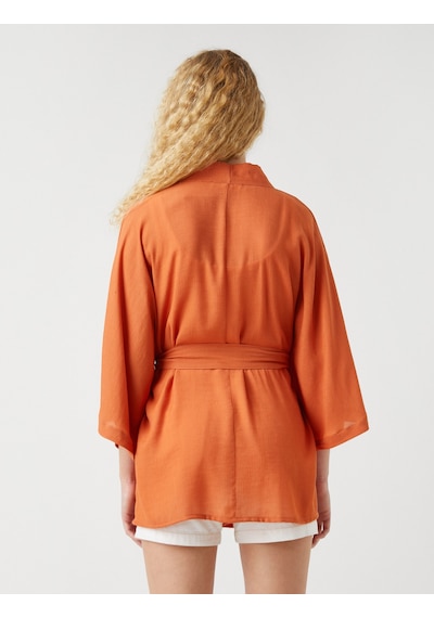 Koton Kuşaklı Midi Boy Kimono Kiremit 2sak50016cw Çok Renkli