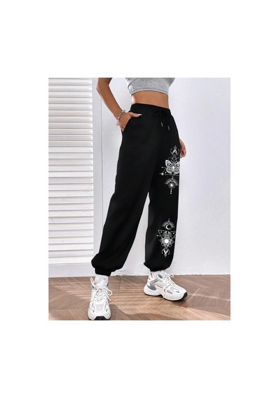 Tarzsokak Butterfly Print Elastic Waist 4 Mevsim Eşofman Siyah