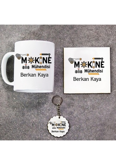 Makine Mühendisi Hediye Seti Kupa Bardak+Altlık+Anahtarlık