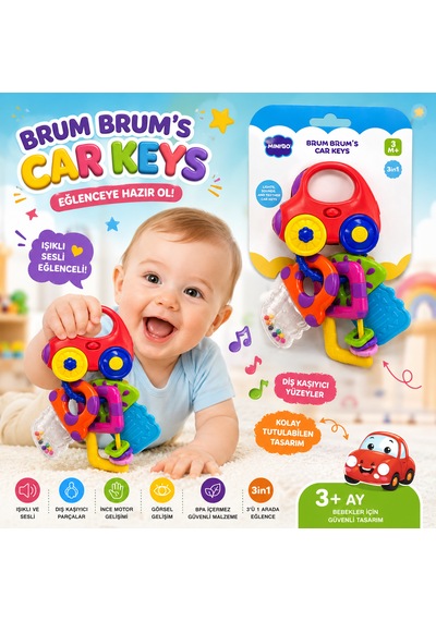 Brum Brum S Car Keys Işıklı Sesli Bebek Anahtarı Oyuncağı 3in1 Çok Renkli