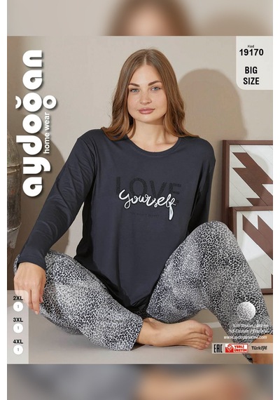 Aydoğan Kadın Büyük Beden Love Yourself Antrasit İnci Pijama Takımı 9170