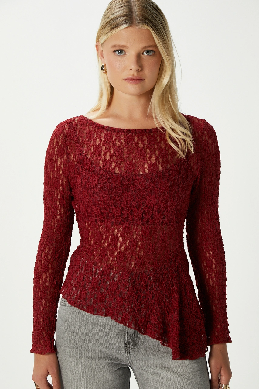 Ritnice Angel Asimetrik Bordo Uzun Kollu Dantel Top / Bluz Bordo