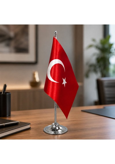 Bk Gift Masaüstü Bayrak Direği Tekli Gümüş Bayrak Standı Ve Bayrak - 33 Cm Ofis Masa Bayrağı
