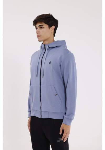 Rowinger Metal Uçlu Kordonlu Tam Fermuarlı Bölmeli Ön Cepli Küçük Nakış Logolu Rahat Kalıp Mevsimlik Kapüşonlu Sweatshirt Lightblue