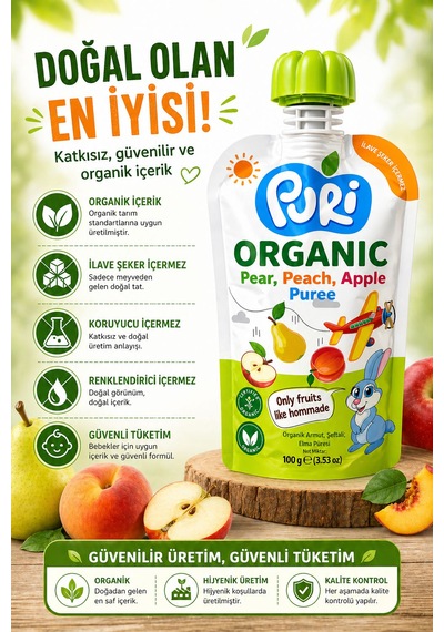 Organic %100 Organik Meyve Püresi Armut - Şeftali Elma 100 G İlave Şekersiz