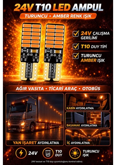 24 Ledli Dipsiz T10 Park Ampulü 24v Turuncu Işık 2 Adet