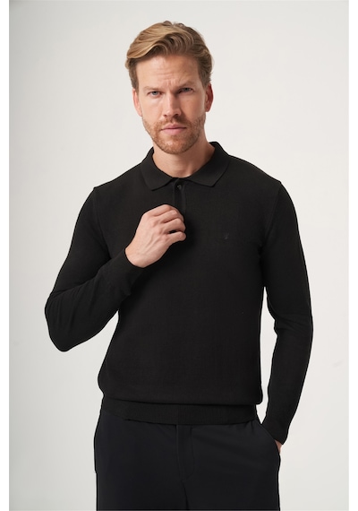 İmza Siyah Polo Yaka Uzun Kol Örme Comfort Fit Pamuklu Kazak 1012265150