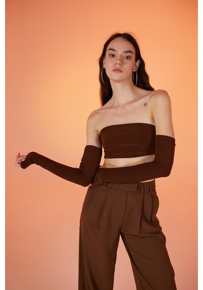 Holly Lolly Straplez Model Kol Detaylı Noir Bluz Kahverengi Kahve