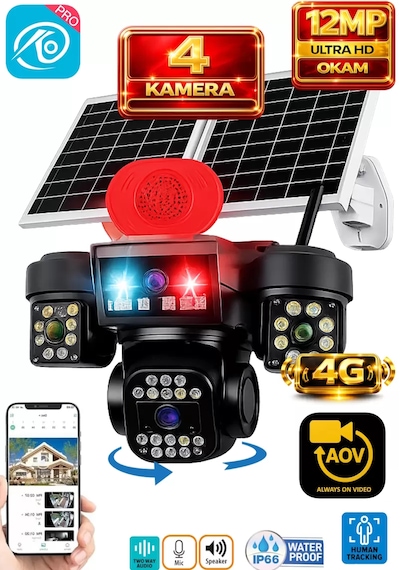 O-kam Ok337 Premium 12mp 4 Kameralı 4g Çift Solar Panel Aov Gece Görüş Sesli Konuşma Akıllı Kamera