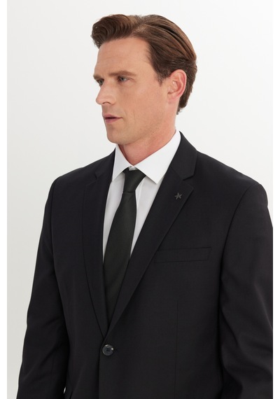 Altınyıldız Classıcs Erkek Sıyah Slim Fit Dar Kesim Mono Yaka Armürlü Esnek Takım Elbise Siyah