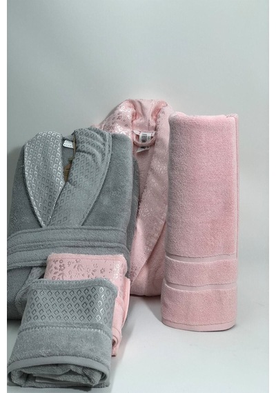 Camellia Aile Bornoz Seti Gri Pembe Gri - Pembe