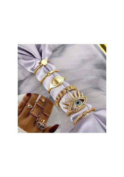 Silva 6 Adet Kristal Taşlı Geometrik Tasarım Kalp Nazar Figürlü Vintage Çoklu Gold Altın Yüzük Seti
