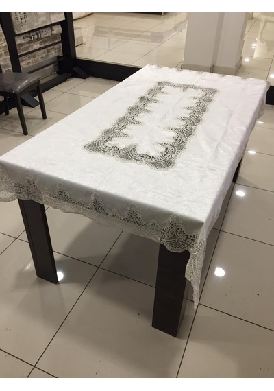 Almila Home Fransız Dantel Kadife 140X180 Masa Örtüsü Bej D18