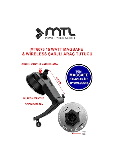 Araç Telefon Tutucu Magsafe İle Uyumlu 15 W Kablosuz Şarjlı - Mt6075