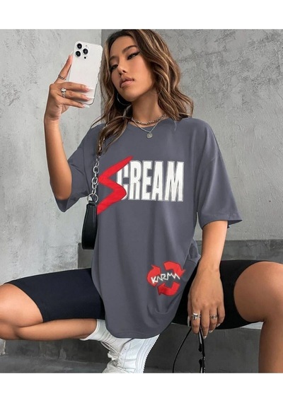 Flood Of Style Kadın Füme Cream Baskılı Bisiklet Yaka Tshirt Gri