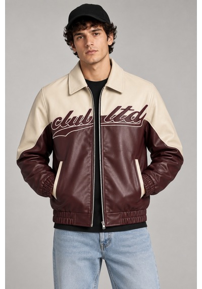 Maison Rae Erkek Bordo, İçi Kürklü, Çift Renkli, Yazı Detaylı,oversize Suni Deri Bomber Ceket
