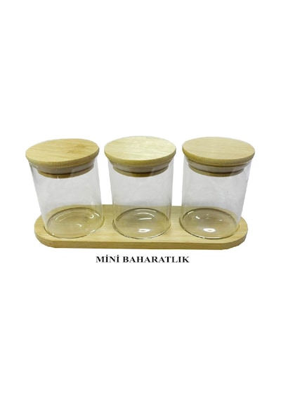 Bambu Standlı 3 Lü Mini Baharatlık Seti Vakum Kapaklı Kavanoz 7x6 Cm Stand 22x7 Cm Şeffaf