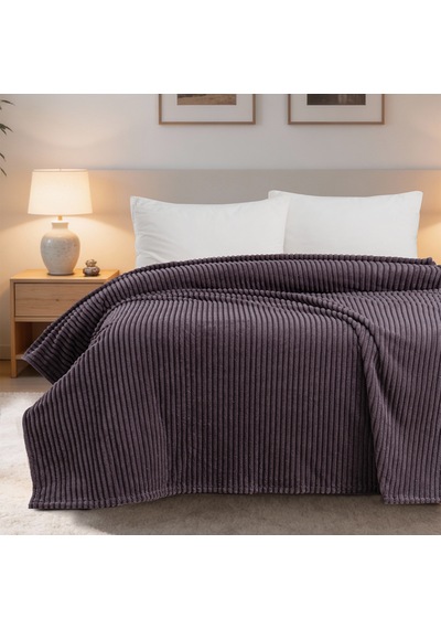 Maxstyle Çizgili Vizon Tek Kişilik Polar Battaniye Mürdüm 150x220 Cm Renkli