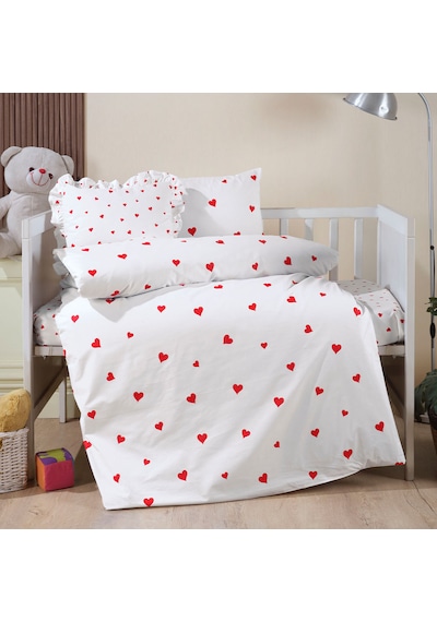 Lüks Ranforce Kumaşından Kırmızı Kalpli Bebek Nevresim Takımı 100x150 Kırmızı - Beyaz