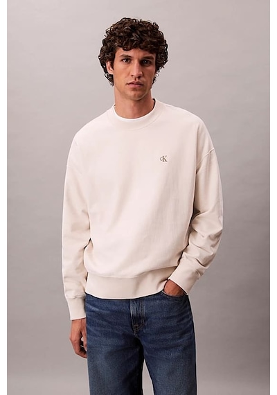 Calvin Klein Erkek Rahat Kalıp Bisiklet Yaka Sweatshirt - Ekru Chalk
