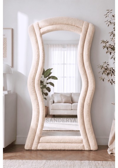 Lusso Krem Renk Kumaş Kaplamalı Dalgalı Kavisli Ayaklı Boy Aynası 182x87 Cm